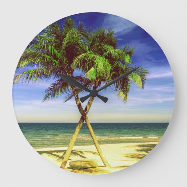 Caribbean Palm Tree Tropical Island Beach Large Clock (Front)