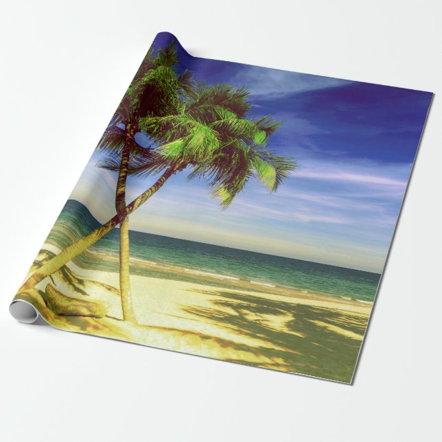 Caribbean Palm Tree Tropical Island Beach Wrapping Paper (Unrolled)