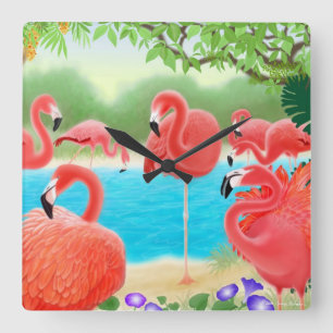 Caribbean Pink Flamingo Birds Wall Clock