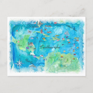 Caribbean Sea Vintage Travel Map Postcard