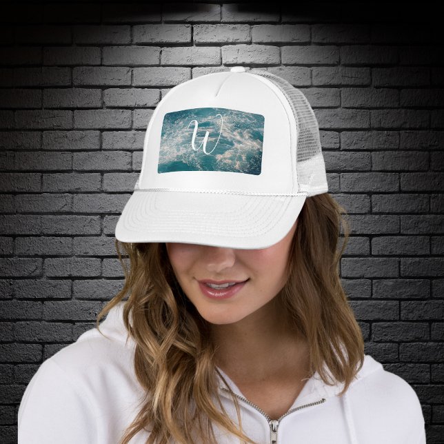 Caribbean Seascape Blue White Wave Crests Monogram Trucker Hat (Caribbean Seascape Blue White Wave Crests Monogram Trucker Hat)