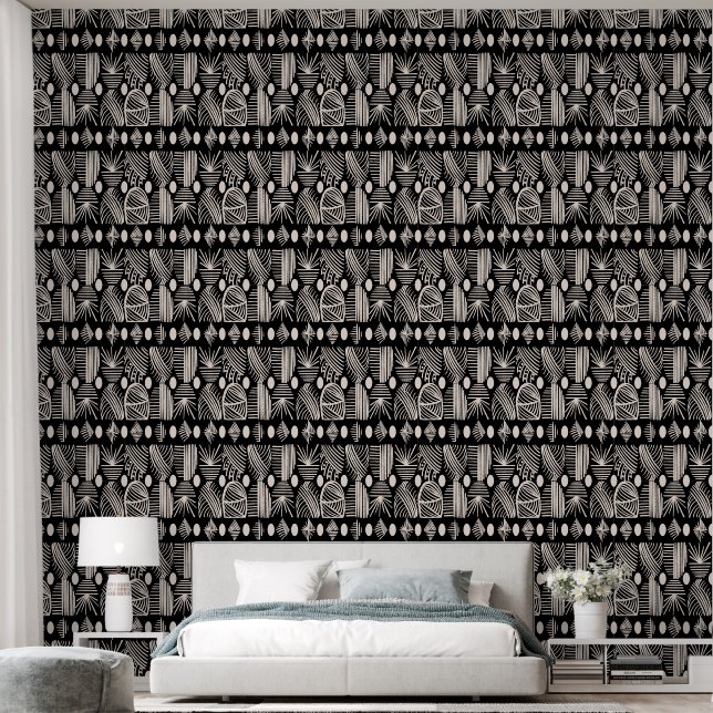 Caribbean Tribal Mudcloth: Black and White Wallpaper (Bedroom)