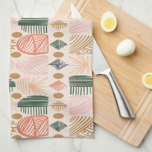 Caribbean Tribal Mudcloth: Boho Dark Green, Pink Tea Towel