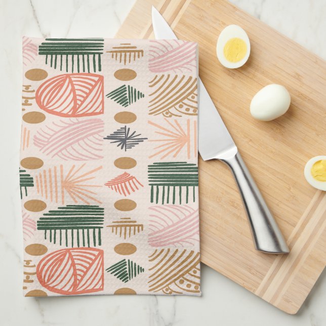 Caribbean Tribal Mudcloth: Boho Dark Green, Pink Tea Towel (Quarter Fold)