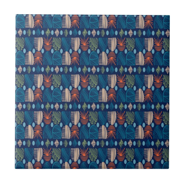 Caribbean Tribal Mudcloth: Festive Blue, Orange Ceramic Tile (Front)