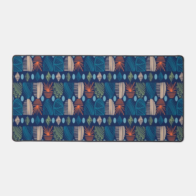 Caribbean Tribal Mudcloth: Festive Blue, Orange Desk Mat (Front)