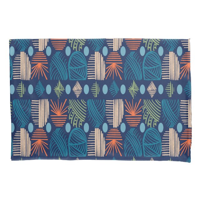 Caribbean Tribal Mudcloth: Festive Blue, Orange Pillowcase (Front)