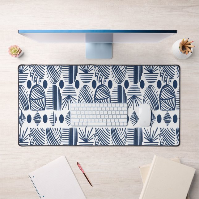 Caribbean Tribal Mudcloth: Navy Blue, White Desk Mat (Office 1)