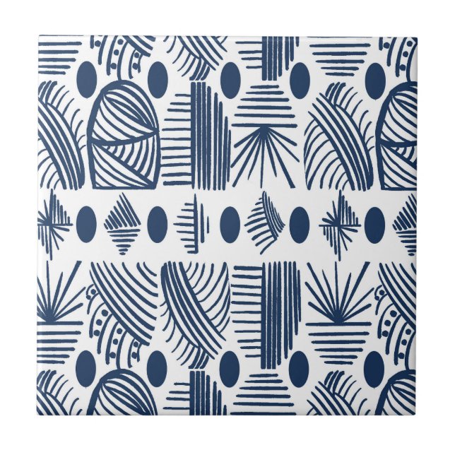 Caribbean Tribal Mudcloth: White, Navy Blue Ceramic Tile (Front)