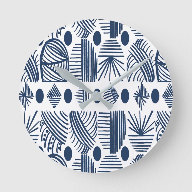 Caribbean Tribal Mudcloth: White, Navy Blue Round Clock (Front)