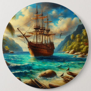 Caribbean/tropical beach ship art 6 cm round badge