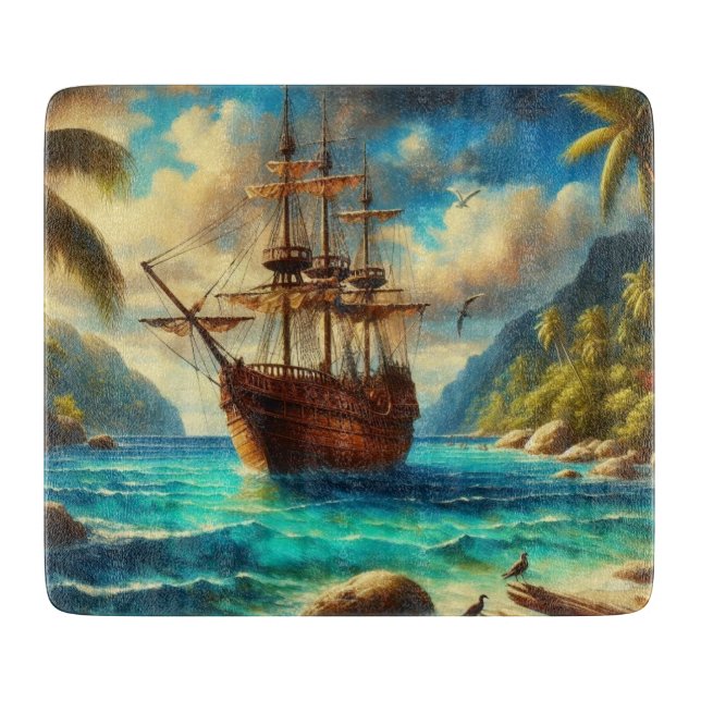 Caribbean/tropical beach ship art cutting board (Front)