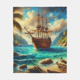 Caribbean/tropical beach ship art fleece blanket
