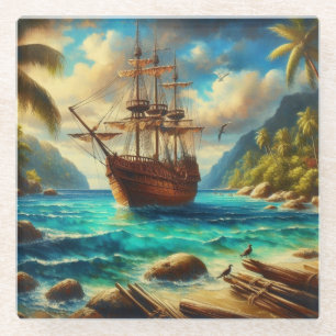 Caribbean/tropical beach ship art glass coaster