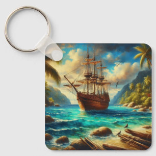 Caribbean/tropical beach ship art key ring
