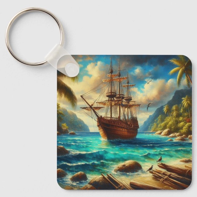 Caribbean/tropical beach ship art key ring (Front)
