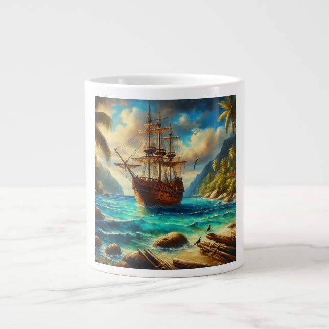 Caribbean/tropical beach ship art large coffee mug (Front)