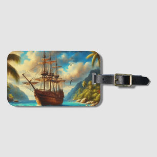 Caribbean/tropical beach ship art luggage tag