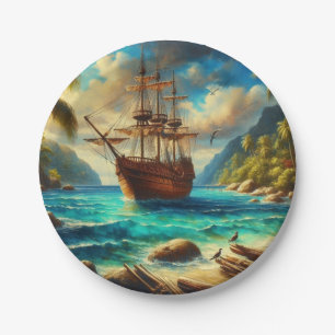Caribbean/tropical beach ship art paper plate