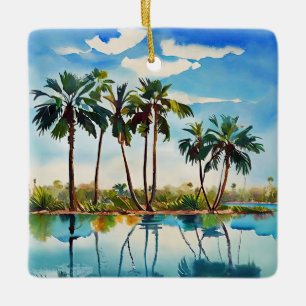 Caribbean Tropical Island Palm Trees Watercolor v1 Ceramic Ornament