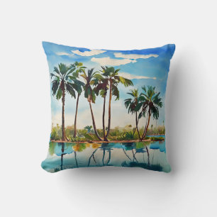 Caribbean Tropical Island Palm Trees Watercolor v1 Cushion