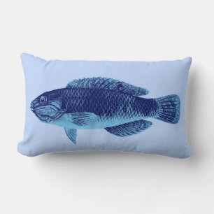 Caribbean Tropical Reef Fish, Navy on Light Blue Lumbar Cushion