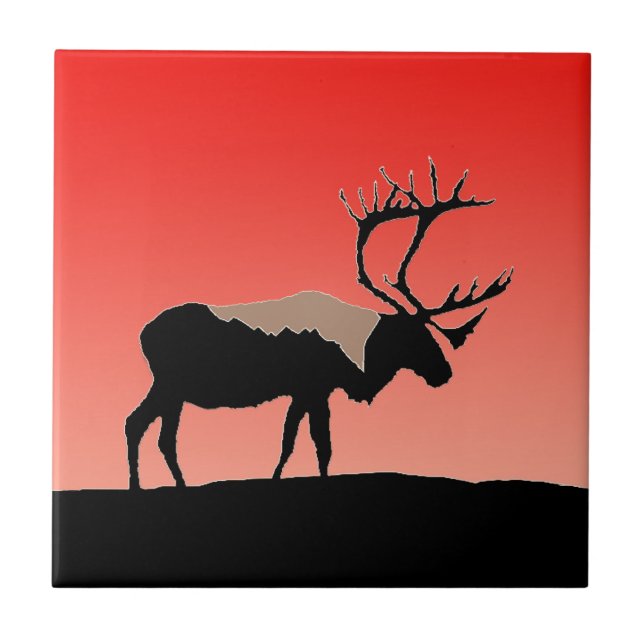Caribou at Sunset  - Original Wildlife Art Ceramic Tile (Front)