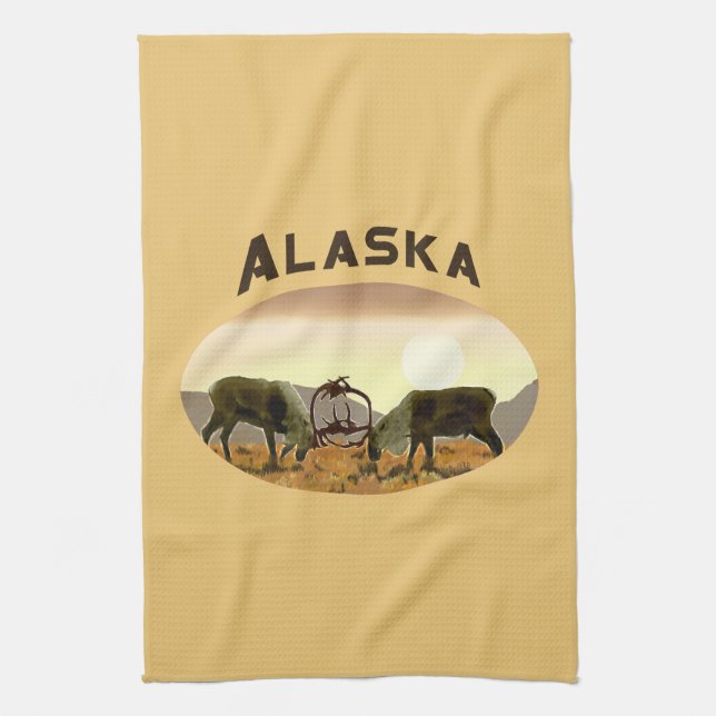 Caribou Duel - Alaska Tea Towel (Vertical)