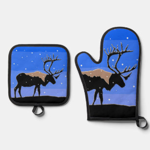 Caribou in Winter  - Original Wildlife Art Oven Mitt & Pot Holder Set
