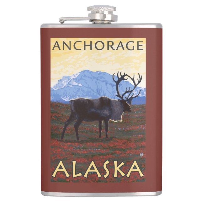 Caribou Scene - Anchorage, Alaska Hip Flask (Front)