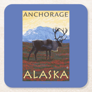Caribou Scene - Anchorage, Alaska Square Paper Coaster