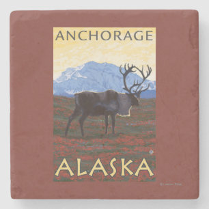 Caribou Scene - Anchorage, Alaska Stone Coaster