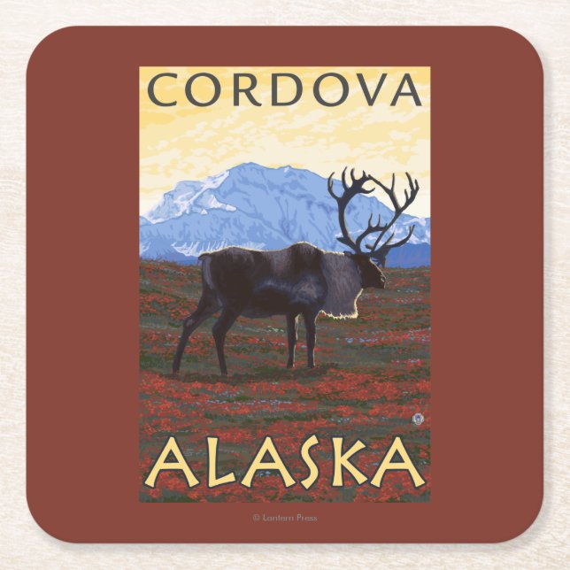 Caribou Scene - Cordova, Alaska Square Paper Coaster (Front)