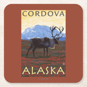 Caribou Scene - Cordova, Alaska Square Paper Coaster