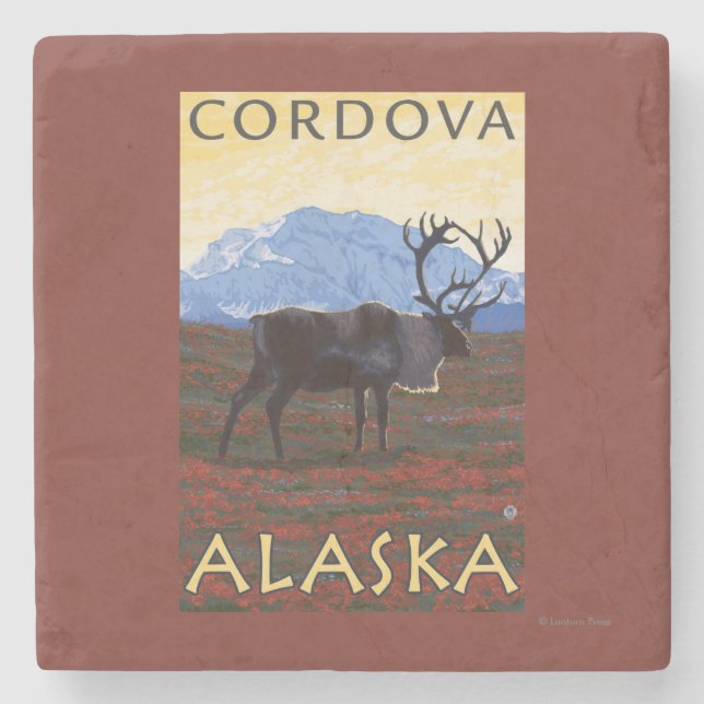 Caribou Scene - Cordova, Alaska Stone Coaster (Front)