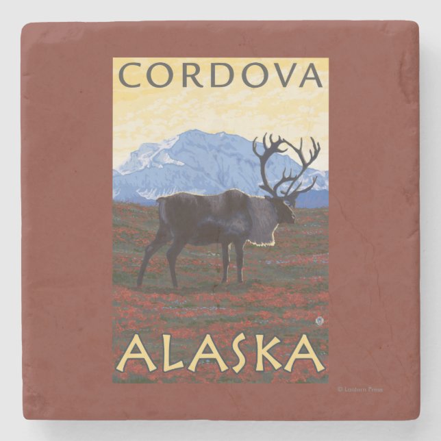 Caribou Scene - Cordova, Alaska Stone Coaster (Front)