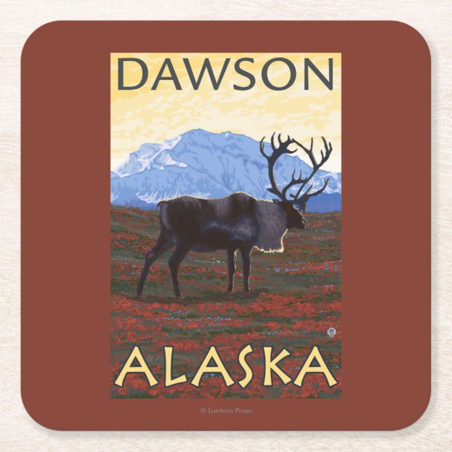 Caribou Scene - Dawson, Alaska Square Paper Coaster (Front)
