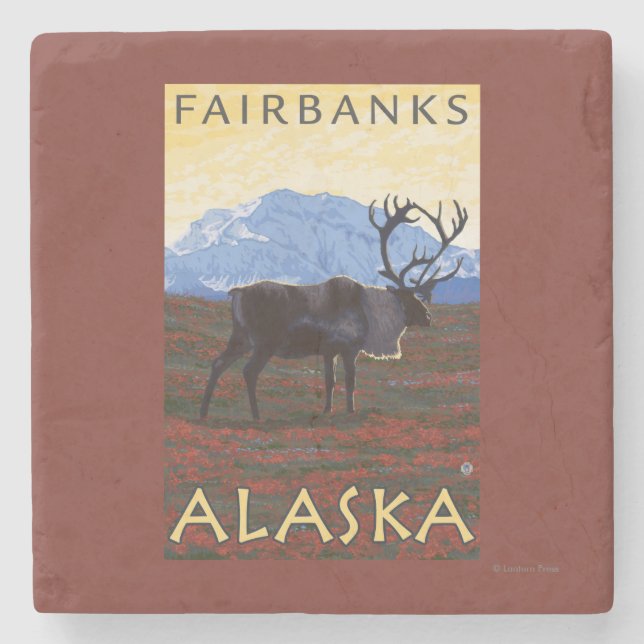 Caribou Scene - Fairbanks, Alaska Stone Coaster (Front)