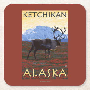 Caribou Scene - Ketchikan, Alaska Square Paper Coaster