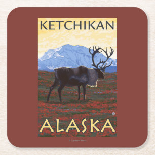 Caribou Scene - Ketchikan, Alaska Square Paper Coaster