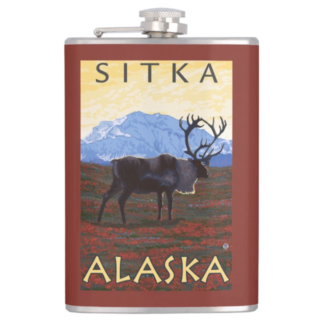 Caribou Scene - Sitka, Alaska Hip Flask (Front)