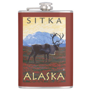 Caribou Scene - Sitka, Alaska Hip Flask