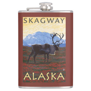 Caribou Scene - Skagway, Alaska Hip Flask