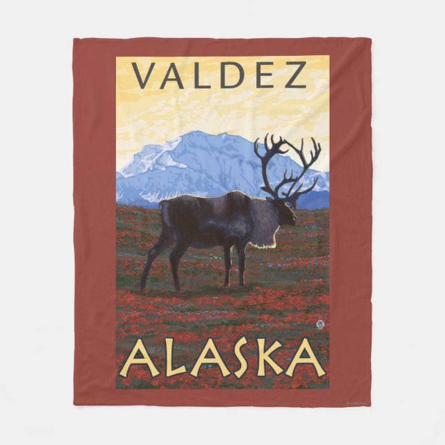Caribou Scene - Valdez, Alaska Fleece Blanket (Front)
