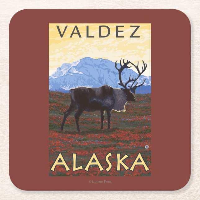 Caribou Scene - Valdez, Alaska Square Paper Coaster (Front)