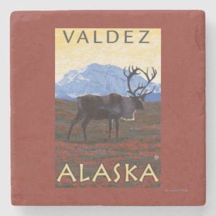 Caribou Scene - Valdez, Alaska Stone Coaster