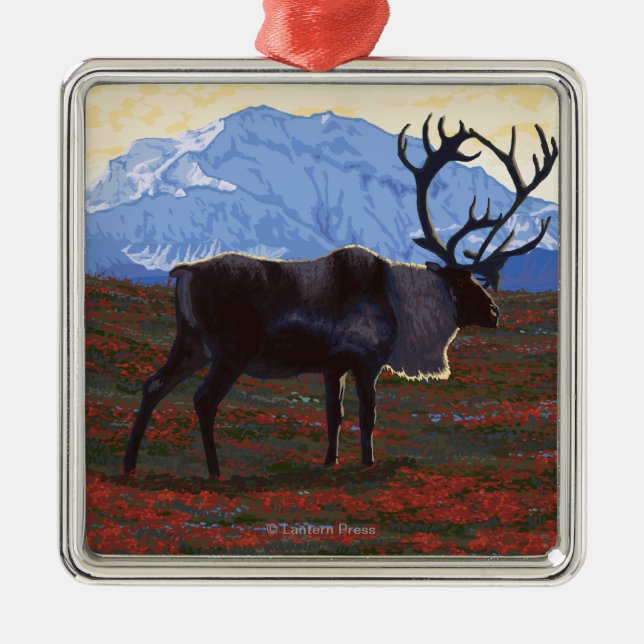Caribou Scene - Yukon, Alaska Metal Tree Decoration (Front)