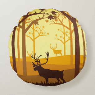 Caribou silhouette in the forest on the autumn sea round cushion