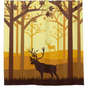 Caribou silhouette in the forest on the autumn sea shower curtain