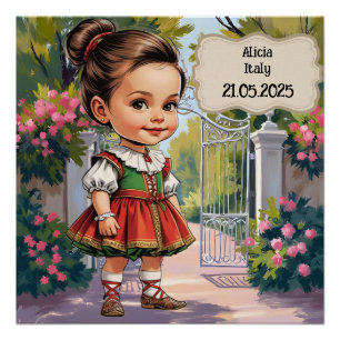 Caricature Girl dressed up  in Vintage Italian Poster
